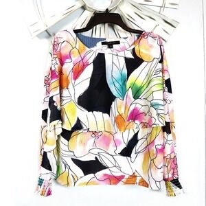 Marc New York Andrew Marc Blouse M Watercolor Floral Long Sleeve Smocked Cuff